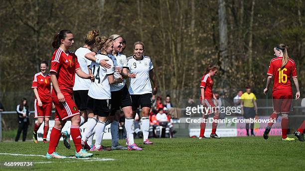 Madeline Gier of Germany celebrates as she scores the third goal during the U19 Women's Elite Round match between U19 Belgium and U19 Germany on...