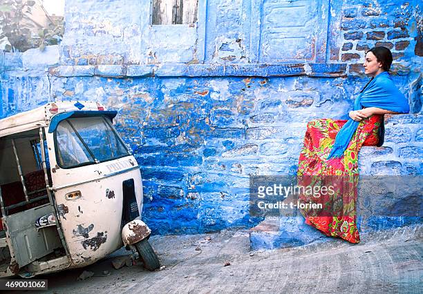 blue city jodhpur portrait. - rajasthani women stock pictures, royalty-free photos & images