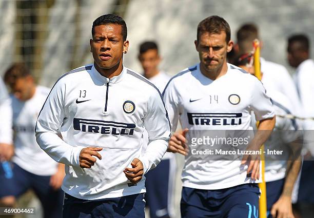 Vasquez Fredy Alejandro Guarin and Hugo Armando Campagnaro of FC Internazionale Milano train during FC Internazionale training session at the club's...