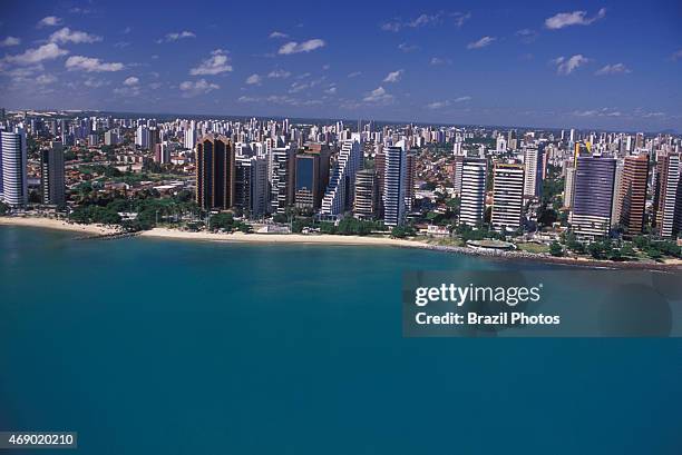 Upper-class apartment buildings overlooking the sea, Fortaleza cityscape, Ceara State, Brazil.