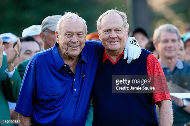 Honorary Starters Arnold Palmer and Jack Nicklaus of the United States wait on the first tee during the first round of the 2015 Masters Tournament at...