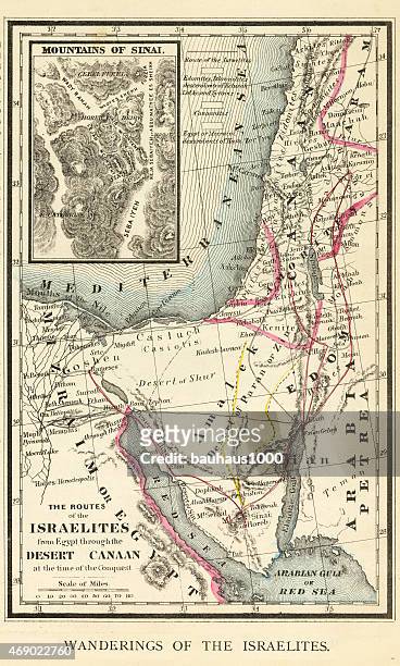 wanderings of the israelites map engraving - new testament stock illustrations