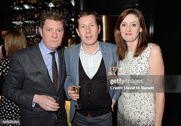 Esquire editor Alex Bilmes, EE Director of PR Mat Sears and Amanda Berry attend a party hosted by EE and Esquire at The Savoy Hotel ahead of the 2014...