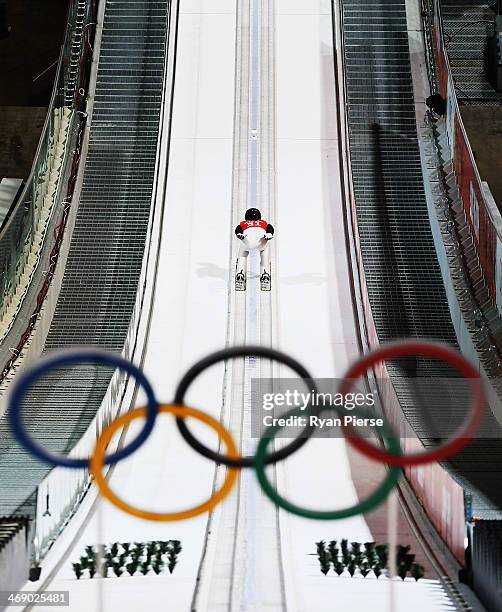 Lukas Hlava of Czech Republic jumps during Men's Large Hill Ski Jumping Official Training at RusSki Ski Jumping Centre on day five of the Sochi 2014...