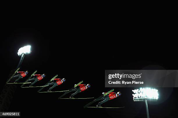 Taku Takeuchi of Japan jumps during Men's Large Hill Ski Jumping Official Training at RusSki Ski Jumping Centre on day five of the Sochi 2014 Winter...