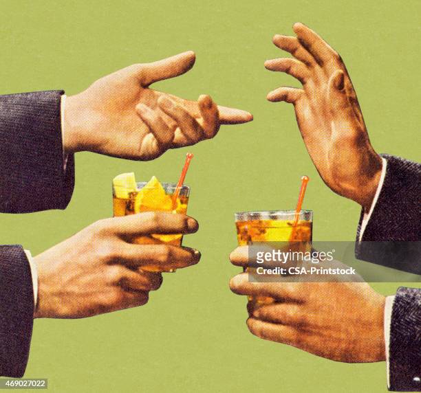 zwei männer unterhalten sich mit händen und hält getränke - whiskey stock-grafiken, -clipart, -cartoons und -symbole