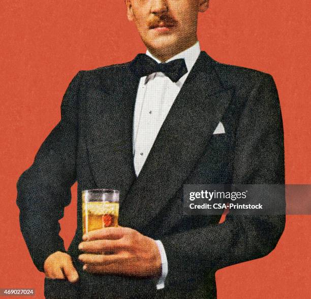 ilustrações de stock, clip art, desenhos animados e ícones de bigode homem de smoking retenção de bebidas - smoking