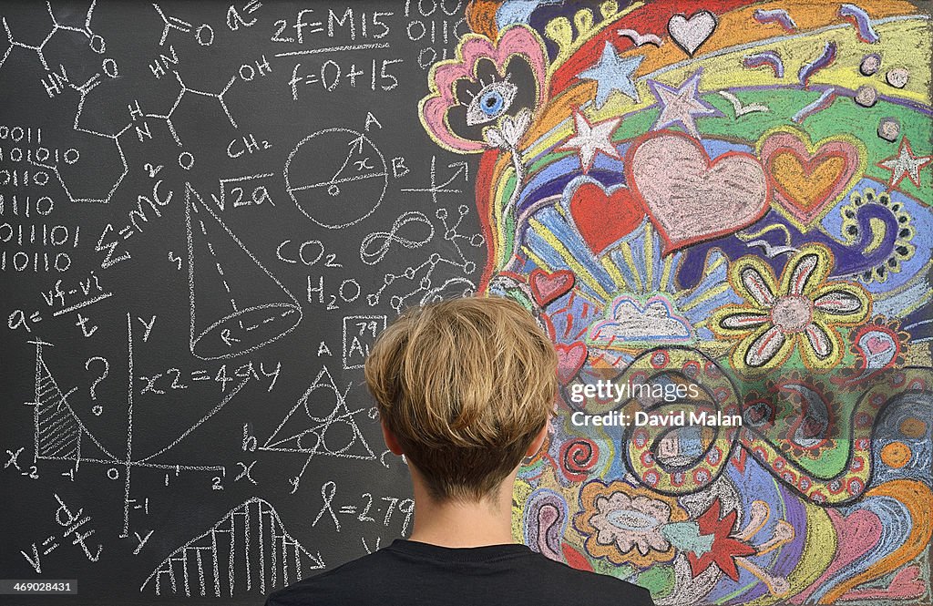 Portrait in front of doodles