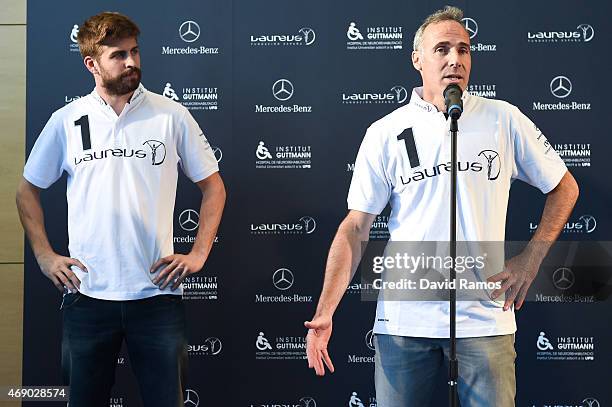 Laureus Foundation Ambassadors FC Barcelona player Gerard Pique and former tennis player Alex Corretja face the media at the Institut Guttmann on...