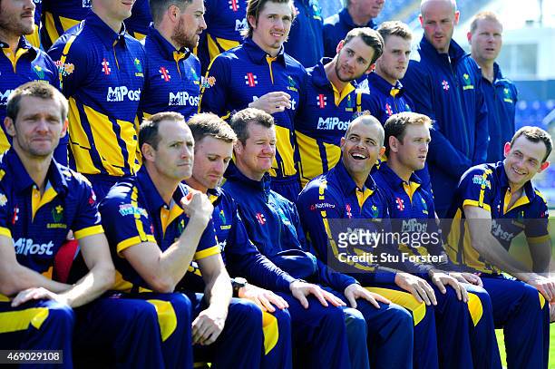 Glamorgan captain Jacques Rudolph shares a joke with head coach Toby Radford and team mates during the Glamorgan Cricket media day ahead of the 2015...
