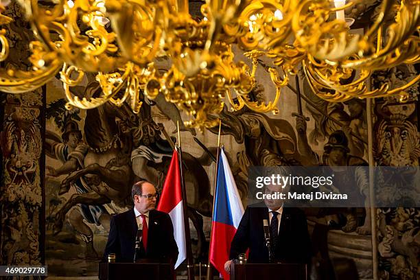 Czech President Milos Zeman and Prince Albert II of Monaco hold a press conference at Prague Castle on April 9, 2015 in Prague, Czech Republic....