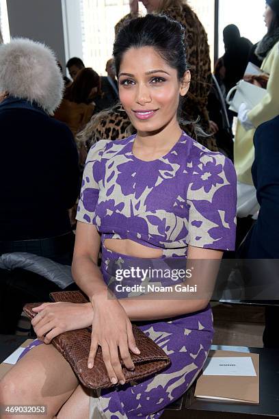 Actress Freida Pinto attends the Michael Kors Show during Mercedes-Benz Fashion Week Fall 2014 at Spring Studios on February 12, 2014 in New York...