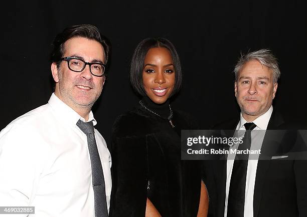 Designers Isaac Franco and Ken Kaufman of Kaufmanfranco with singer Kelly Rowland backstage at the Kaufmanfranco Show during Mercedes-Benz Fashion...