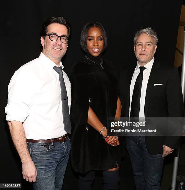 Designers Isaac Franco and Ken Kaufman of Kaufmanfranco with singer Kelly Rowland backstage at the Kaufmanfranco Show during Mercedes-Benz Fashion...