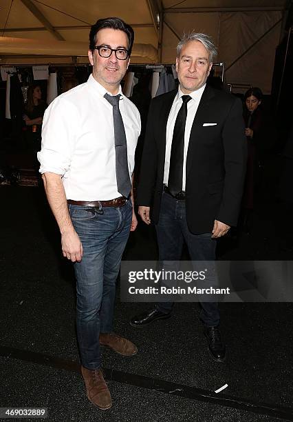 Designers Isaac Franco and Ken Kaufman backstage at the Kaufmanfranco Show during Mercedes-Benz Fashion Week Fall 2014 at The Theatre at Lincoln...