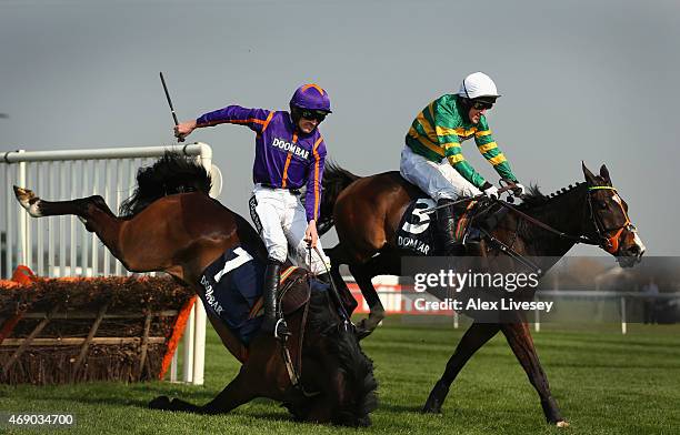 Arctic Fire ridden by Ruby Walsh falls at the last as Jezki ridden by Tony McCoy lands ahead of them to go on and win the Doom Bar Aintree Hurdle at...