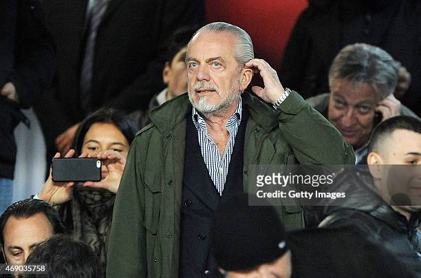 Aurelio De Laurentis the President of SSC Napoli looks on prior to the Tim cup match between SSC Napoli and SS Lazio at the San Paolo Stadium on...