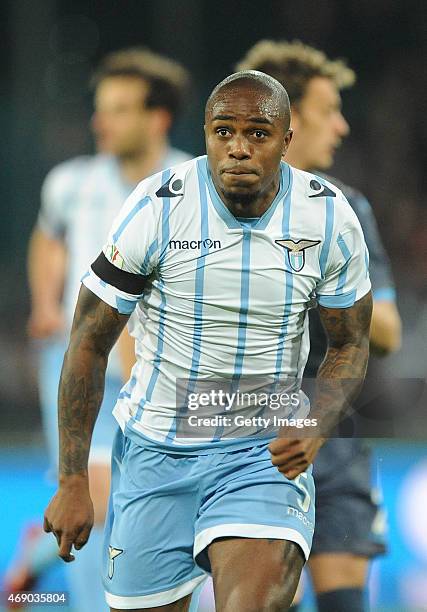 Edson Braafheid of Lazio in action during the Tim cup match between SSC Napoli and SS Lazio at the San Paolo Stadium on April 8, 2015 in Naples,...