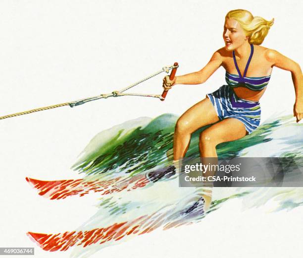 ilustrações, clipart, desenhos animados e ícones de mulher esqui aquático - waterskiing