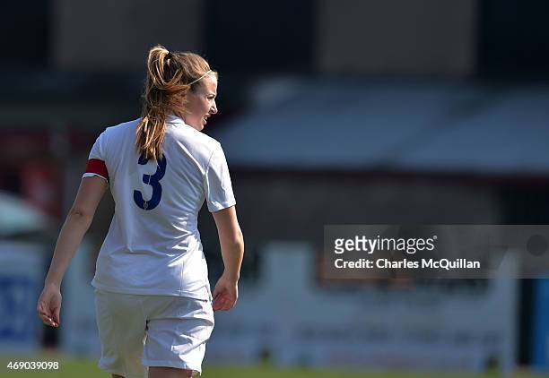 Leah Williamson of England during the UEFA U19 Women's Qualifier between England and Switzerland at Seaview on April 9, 2015 in Belfast, Northern...