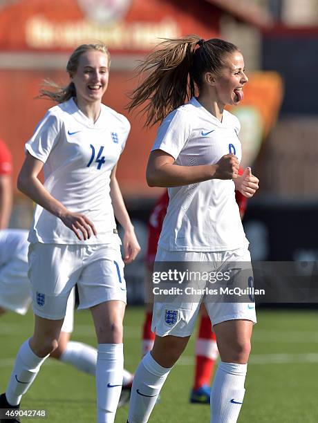 Jenna Dear of England celebrates scoring during the UEFA U19 Women's Qualifier between England and Switzerland at Seaview on April 9, 2015 in...