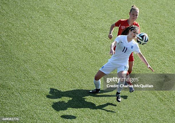 Carla Humphrey of England and Lesley Ramseier of Switzerland during the UEFA U19 Women's Qualifier between England and Switzerland at Seaview on...