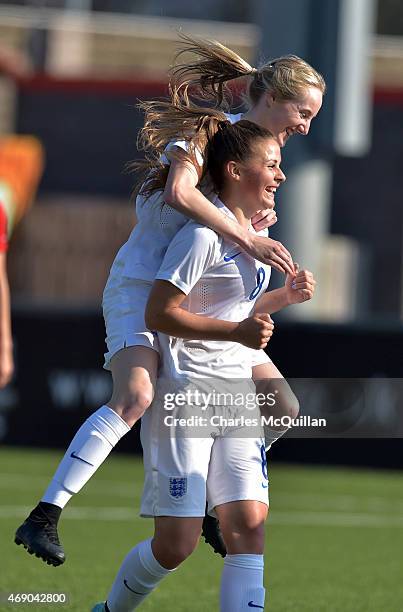Jenna Dear of England celebrates scoring during the UEFA U19 Women's Qualifier between England and Switzerland at Seaview on April 9, 2015 in...