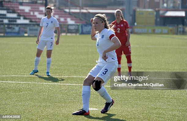 Leah Williamson of England scores with a penalty during the UEFA U19 Women's Qualifier between England and Switzerland at Seaview on April 9, 2015 in...