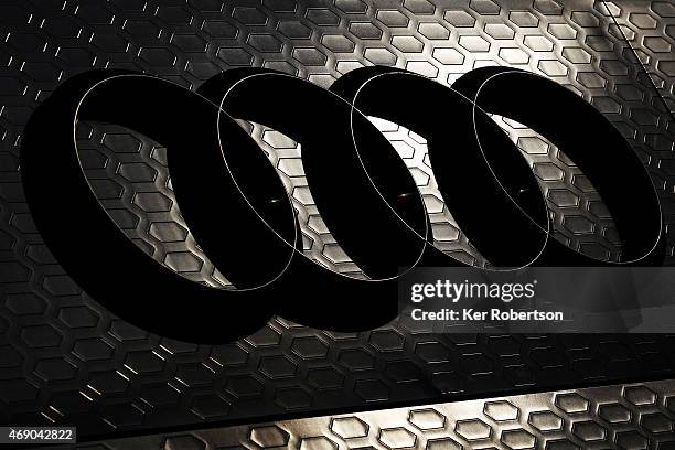 The Audi 4 ring logo is seen on their hospitality unit during previews to the FIA World Endurance Championship 6 Hours of Silverstone at Silverstone...