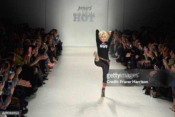 Designer Betsey Johnson walks the runway at the Marist College Presents Betsey Johnson Reprise fashion show during Mercedes-Benz Fashion Week Fall...