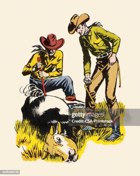 cowboys branding a steer - livestock branding stock illustrations