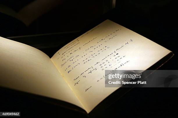 The 1942 56-page notebook belonging to codebreaker Alan Turing is displayed at Bonham's auction house on April 9, 2015 in New York City. The...