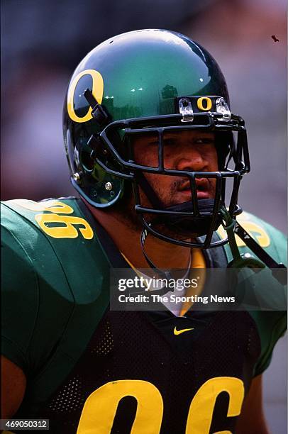 Haloti Ngata of the Oregon Ducks looks on against the Idaho Vandals on September 14, 2002.