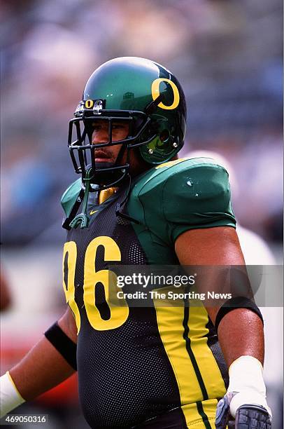 Haloti Ngata of the Oregon Ducks looks on against the Idaho Vandals on September 14, 2002.