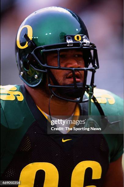 Haloti Ngata of the Oregon Ducks looks on against the Idaho Vandals on September 14, 2002.