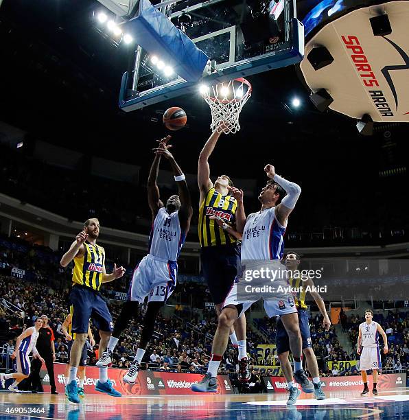 Stephane Lasme, #13 of Anadolu Efes Istanbul competes with Nemanja Bjelica, #8 of Fenerbahce Ulker Istanbul during the Turkish Airlines Euroleague...