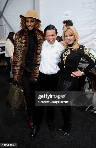 Cynthia Bailey, Zang Toi, and Ramona Singer pose backstage at the Zang Toi fashion show during Mercedes-Benz Fashion Week Fall 2014 at The Salon at...