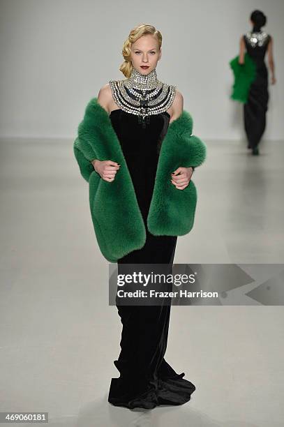 Model walks the runway at the Zang Toi fashion show during Mercedes-Benz Fashion Week Fall 2014 at The Salon at Lincoln Center on February 12, 2014...