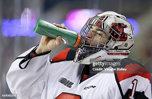 Liam Herbst of the Ottawa 67's warms up prior to Game 6 of the Eastern Conference Quarter-Finals against the Niagara IceDogs at the Meridian Centre...