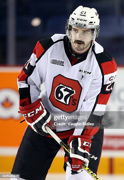 Jacob Middleton of the Ottawa 67's warms up prior to Game 6 of the Eastern Conference Quarter-Finals against the Niagara IceDogs at the Meridian...