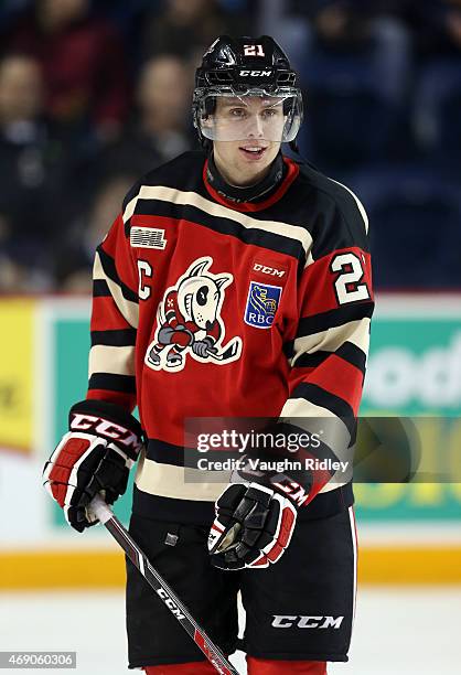 Carter Verhaeghe of the Niagara IceDogs smiles during warmups for Game 6 of the Eastern Conference Quarter-Finals against the Ottawa 67's at the...