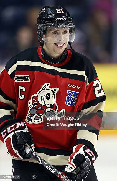 Carter Verhaeghe of the Niagara IceDogs smiles during warmups for Game 6 of the Eastern Conference Quarter-Finals against the Ottawa 67's at the...