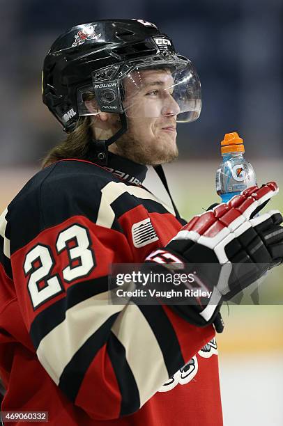 Johnny Corneil of the Niagara IceDogs smiles during warmups for Game 6 of the Eastern Conference Quarter-Finals against the Ottawa 67's at the...