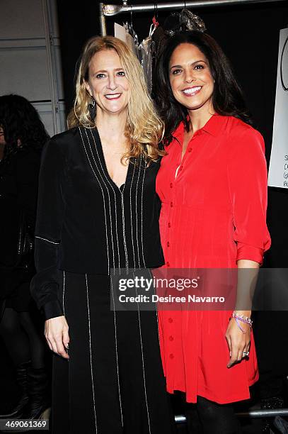 Designer Nanette Lepore and journalist Soledad O'Brien pose backstage at the Nanette Lepore Show during Mercedes-Benz Fashion Week Fall 2014 at The...