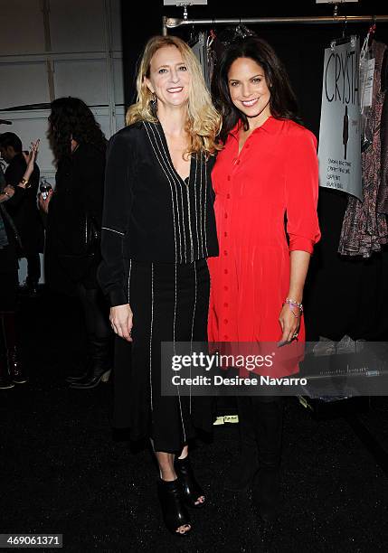 Designer Nanette Lepore and journalist Soledad O'Brien pose backstage at the Nanette Lepore Show during Mercedes-Benz Fashion Week Fall 2014 at The...