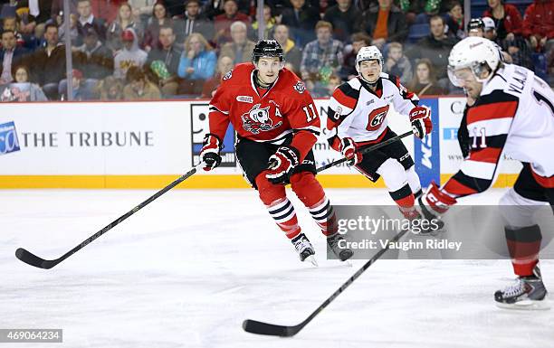 Brendan Perlini of the Niagara IceDogs skates during Game 6 of the Eastern Conference Quarter-Finals against the Ottawa 67's at the Meridian Centre...