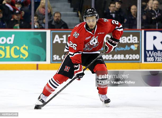 Josh Ho-Sang of the Niagara IceDogs skates during Game 6 of the Eastern Conference Quarter-Finals against the Ottawa 67's at the Meridian Centre on...