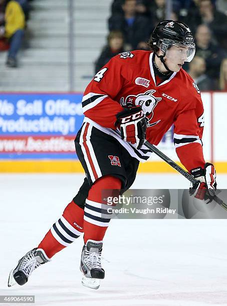 Vince Dunn of the Niagara IceDogs skates during Game 6 of the Eastern Conference Quarter-Finals against the Ottawa 67's at the Meridian Centre on...