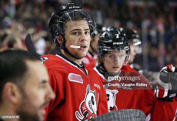 Anthony DiFruscia of the Niagara IceDogs looks on from the bench during Game 6 of the Eastern Conference Quarter-Finals against the Ottawa 67's at...
