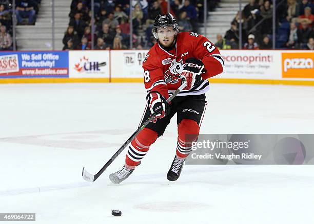 Aaron Haydon of the Niagara IceDogs skates during Game 6 of the Eastern Conference Quarter-Finals against the Ottawa 67's at the Meridian Centre on...